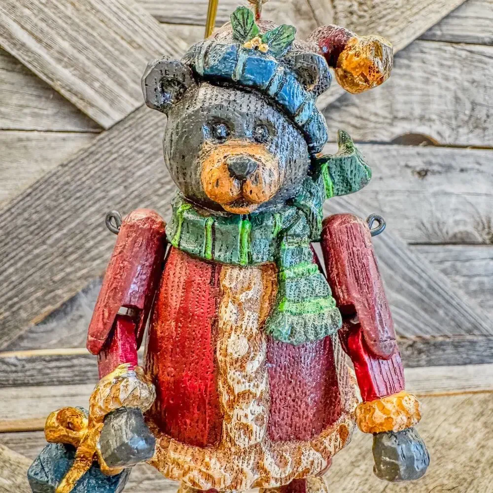 Pair of Vintage Woodlook Ornaments-Santa Bear and Christmas Penguin-Original Box